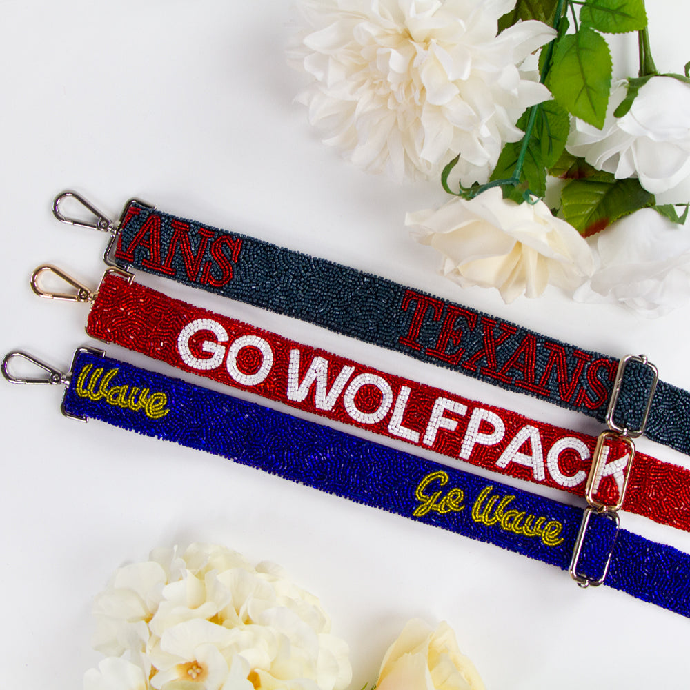 Customizable Game Day Beaded Purse Strap in various colors, suitable for crossbody bags, cameras, and guitars. Unique handmade design, ideal for personalized bridal gifts and game day accessories