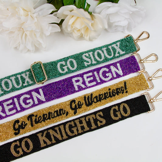 Customizable Game Day Beaded Purse Strap in various colors, suitable for crossbody bags, cameras, and guitars. Unique handmade design, ideal for personalized bridal gifts and game day accessories