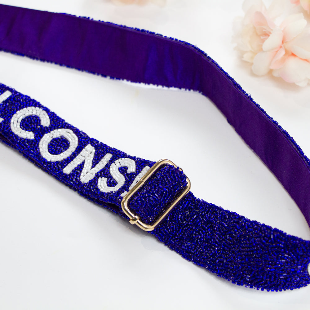 Customizable Game Day Beaded Purse Strap in various colors, suitable for crossbody bags, cameras, and guitars. Unique handmade design, ideal for personalized bridal gifts and game day accessories