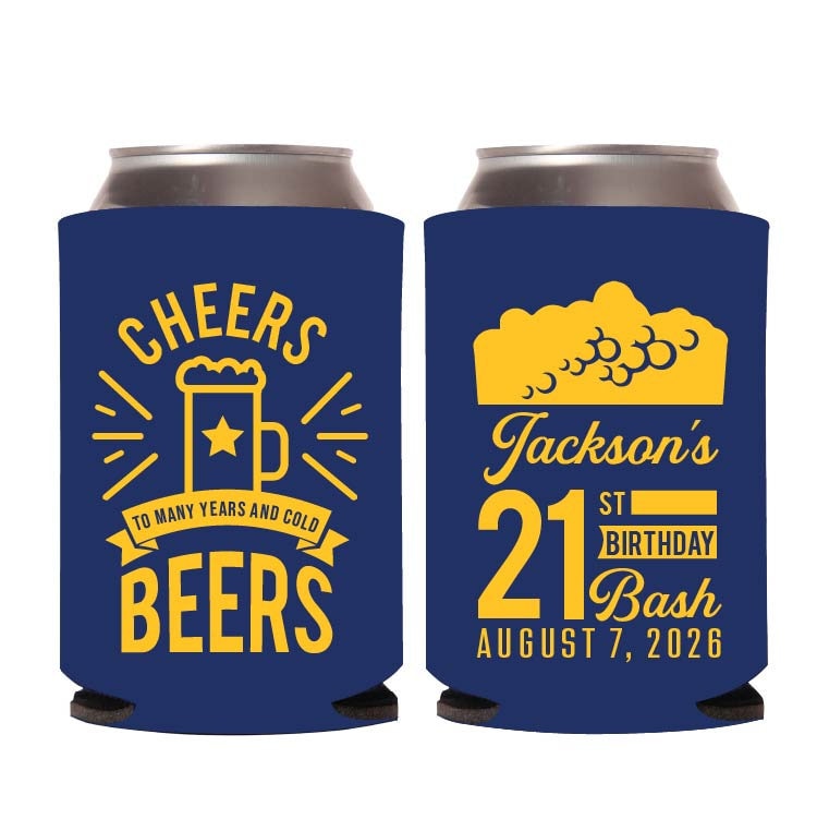 21st Birthday Bash Can Coolers, Cheers To Many Years and Cold Beers Birthday Can Coolers, Personalized Can Cooler Favors, Custom Favor (623)