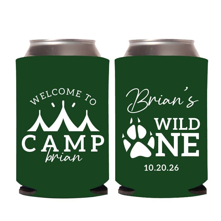 Wild One 1st Birthday Can Coolers, Personalized 1st Birthday Can Cooler Favors, 1st Birthday Beer Huggers, Welcome to Camp Can Coolers (622)