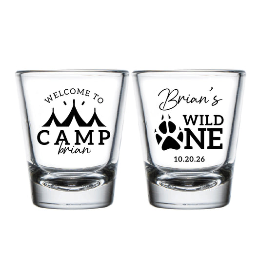 Wild One 1st Birthday Shot Glasses, Personalized 1st Birthday Shot Glass Favors, 1st Birthday Shot Glasses, Welcome to Camp Shot Glass (622)