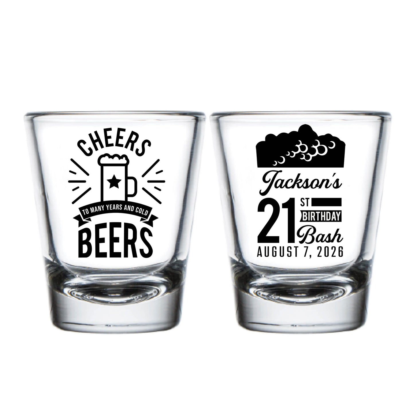 21st Birthday Bash Shot Glasses, Cheers To Many Years and Cold Beers Birthday Shot Glass, Personalized Shot Glass Favors, Custom Favor (623)